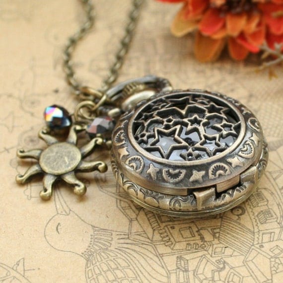 Vintage star pocket watch necklace with antique bronze sun charm and crystal charm
