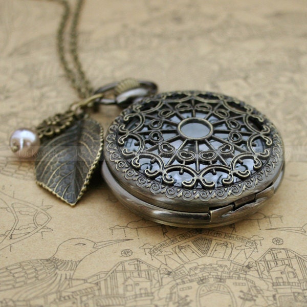 Vintage pocket watch necklace with antique bronze heart zodiac and leaf charm