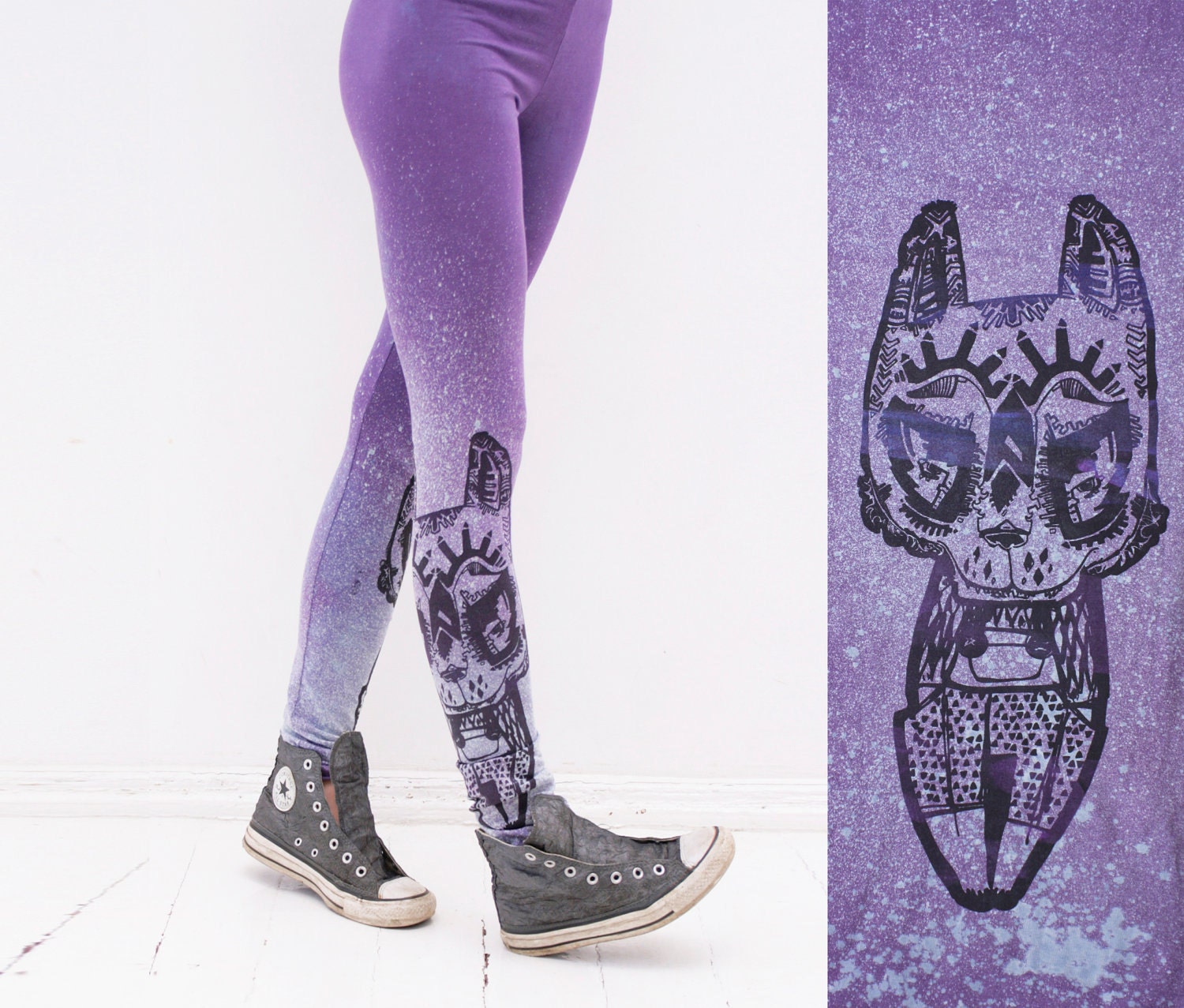 lilac splatter leggings with black tribal animal print- size M