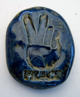 PEACE HAND Pocket Stone - Ceramic -Antique Blue Art Glaze - Inspirational Art Piece