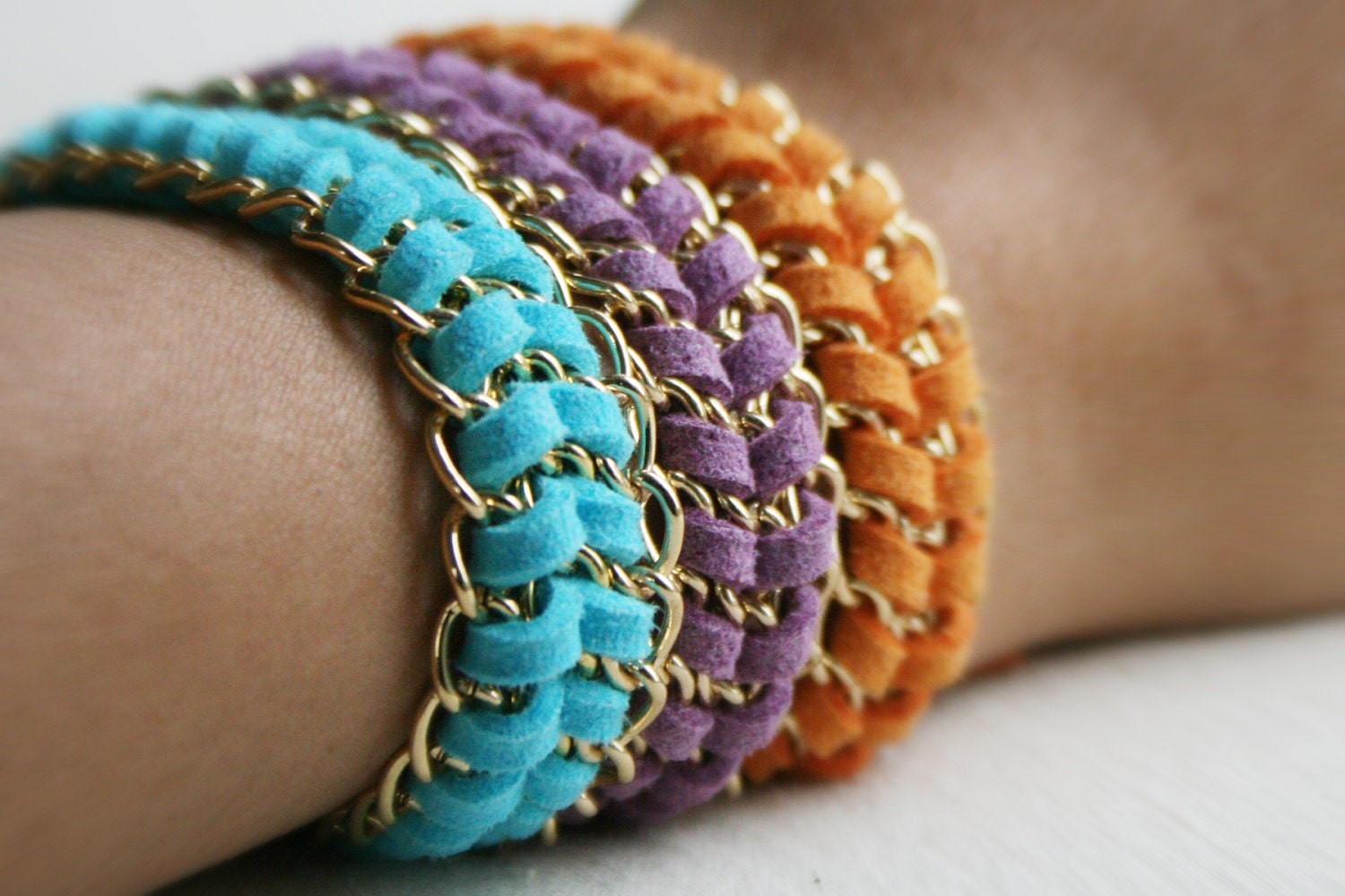 Chevron braided suede bracelets in gold or silver chain. Great for layering or stacking.
