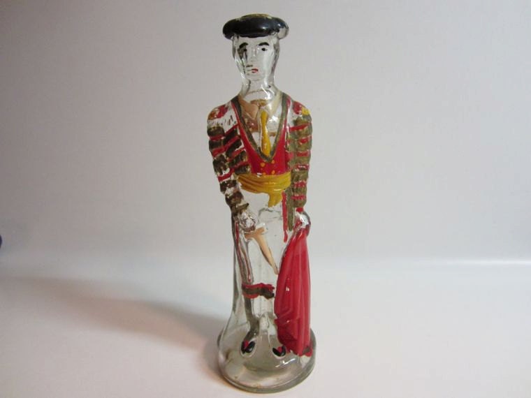 Vintage Matador Hand Painted Glass Bullfighter Figurine Bottle Cork Stopper Red Black Yellow Spain