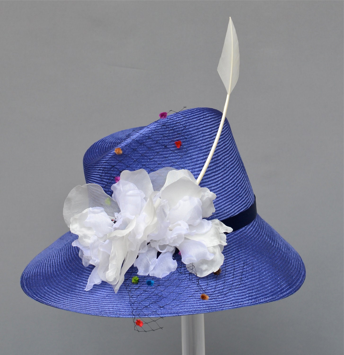 One of a Kind Hat,  Kentucky Derby Hat, Couture Women's Hat, Easter, Large Brim, Parasisal Straw, Handmade, Hand blocked, Blue Hat, Feathers
