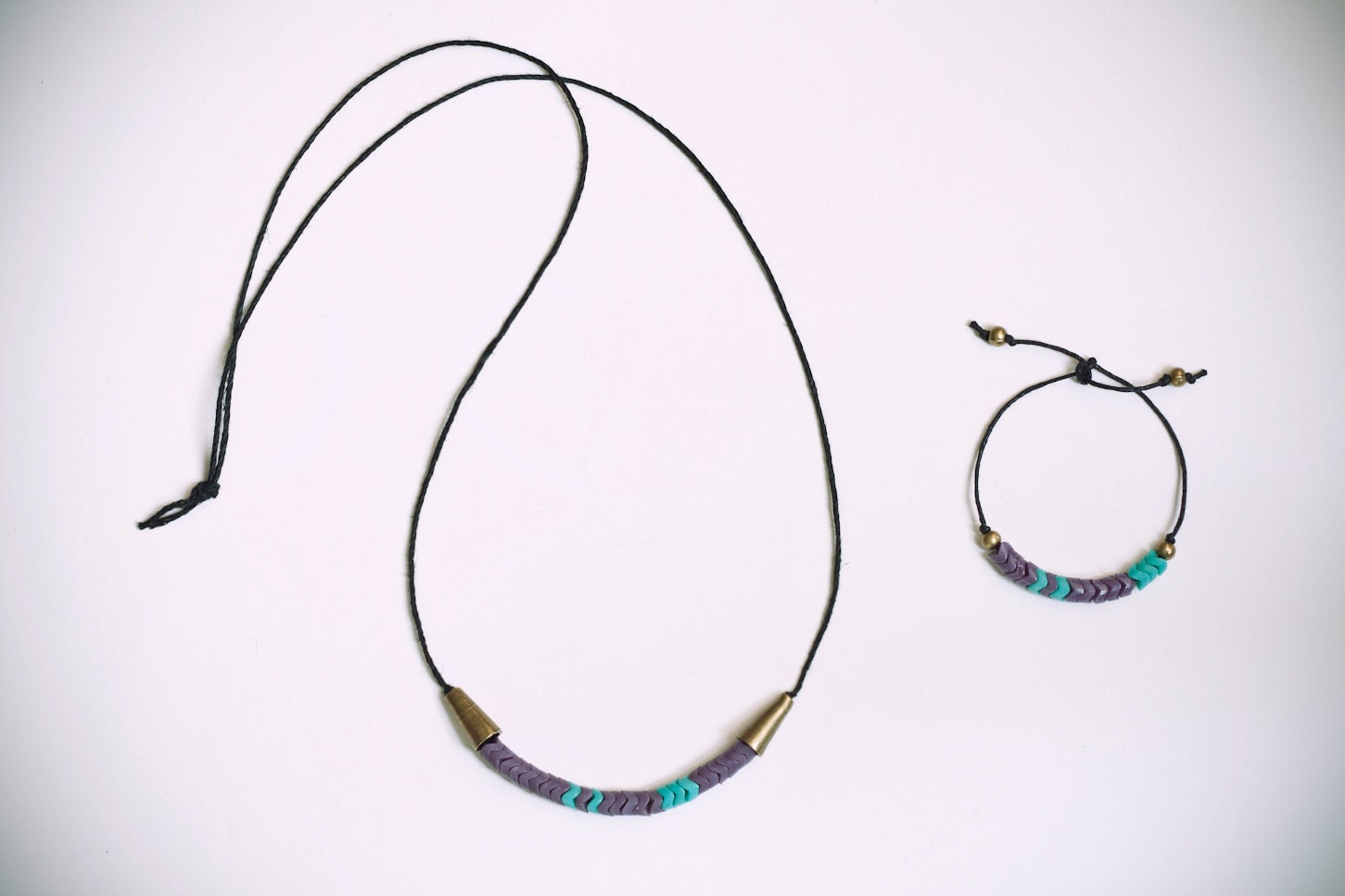 trade beads long necklace and bracelet, purple & sea green / gift set