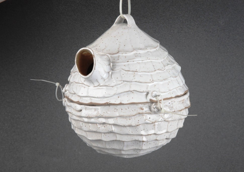 Awesome Birdhouse for small birds, such as: Chickadee, Wrens, Swallow, Prothonotary Warbler.  White color, hand built out of clay