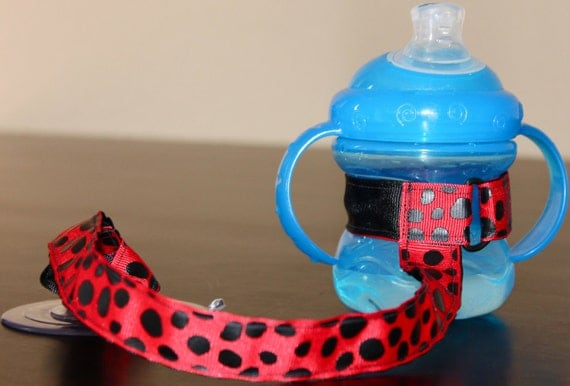 Bottle Tether, Toy Tether, Sippy Strap with Suction Cup-Red Dalmatian Print