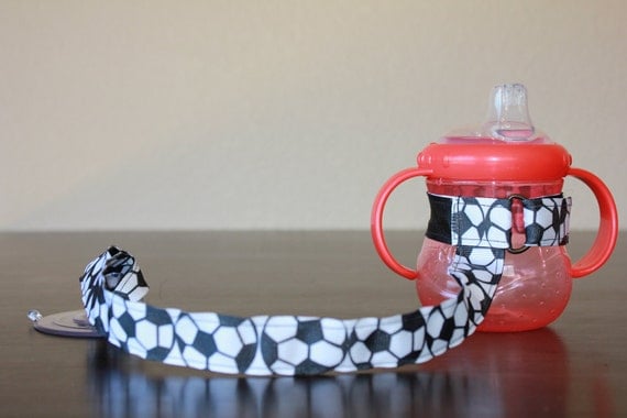 Bottle Tether, Toy Tether, Sippy Strap with Suction Cup-Soccer Ball Print