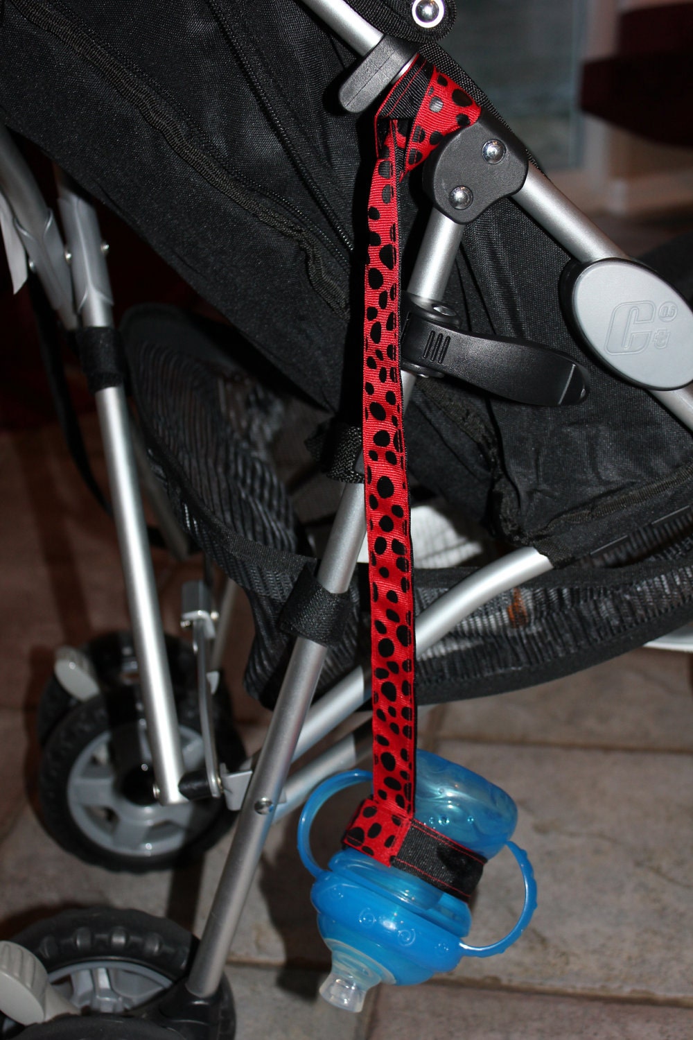 Bottle Tether, Toy Tether, Sippy Strap with Suction Cup-Red Dalmatian Print