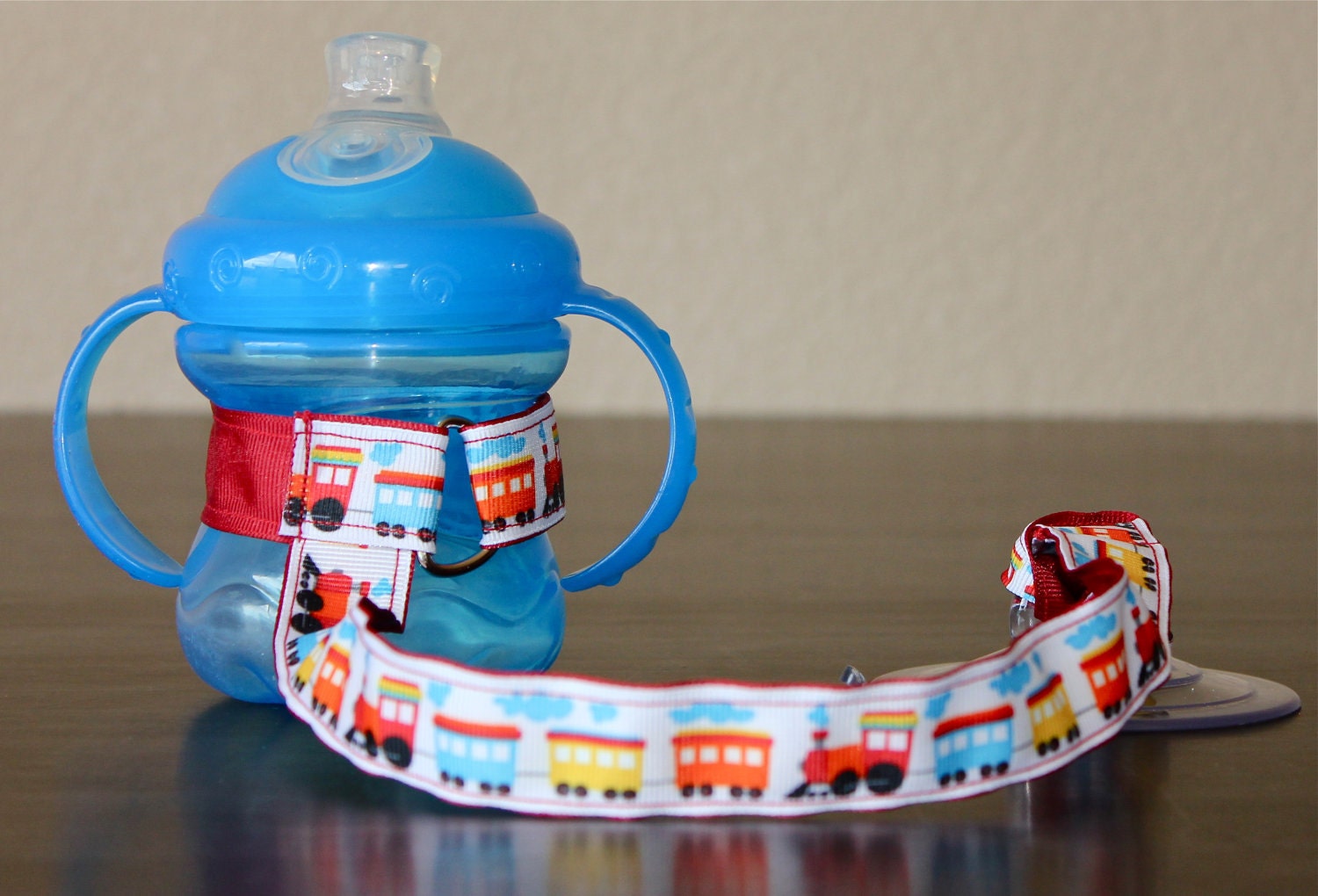 Bottle Tether, Toy Tether, Sippy Strap with Suction Cup- Choo Choo Train