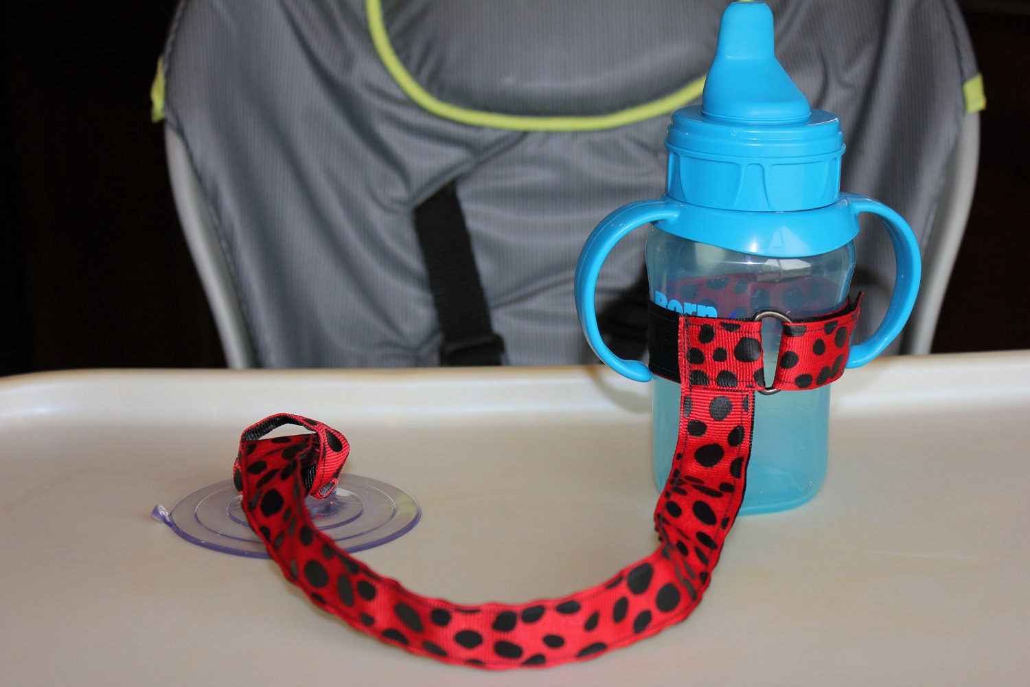 Bottle Tether, Toy Tether, Sippy Strap with Suction Cup-Red Dalmatian Print