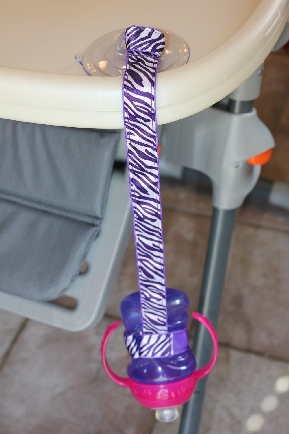 Bottle Tether, Toy Tether, Sippy Strap with Suction Cup- Purple & White Zebra