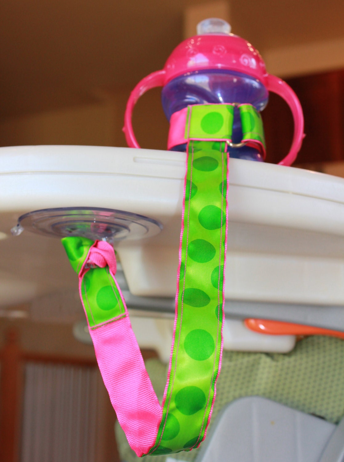 Bottle Tether, Toy Tether, Sippy Strap with Suction Cup-Preppy Pink & Green Polka Dots