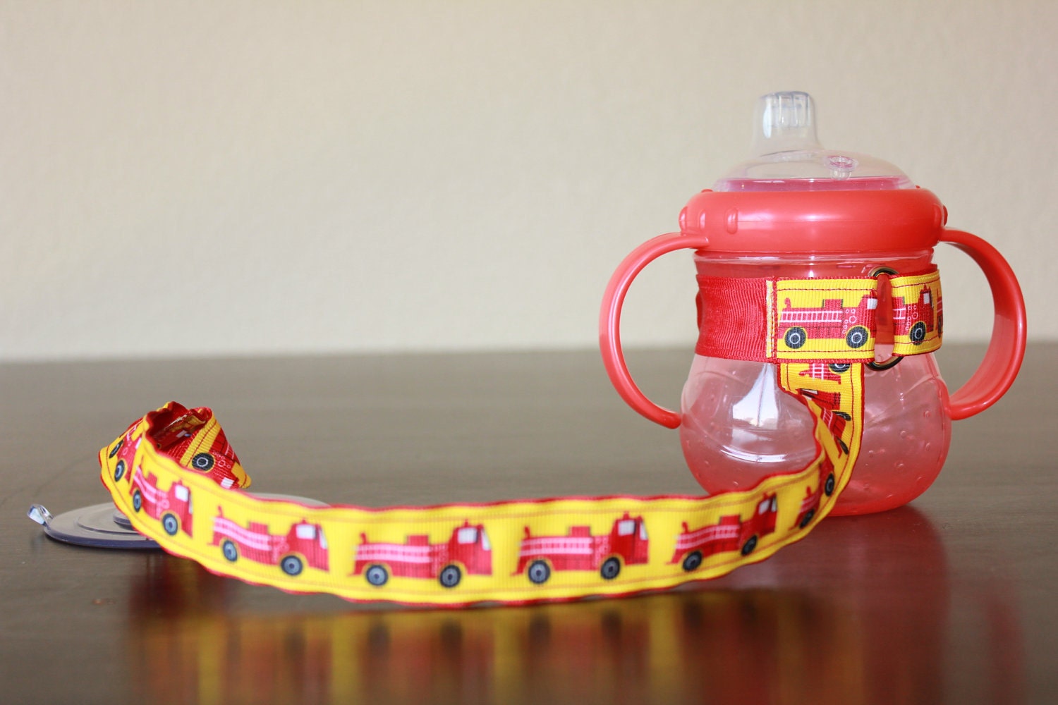Bottle Tether, Toy Tether, Sippy Strap with Suction Cup-Fire Truck