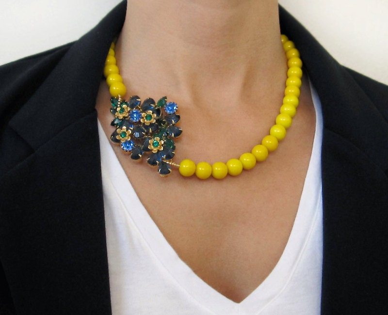 ISLA vintage brooch necklace - yellow blue green beaded necklace - vintage crystal necklace