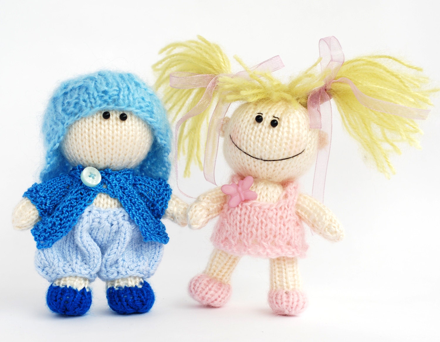 TWO DOLLS: Small funny gardener Doll and Small Boy Doll in the blue hat  - pdf knitting pattern