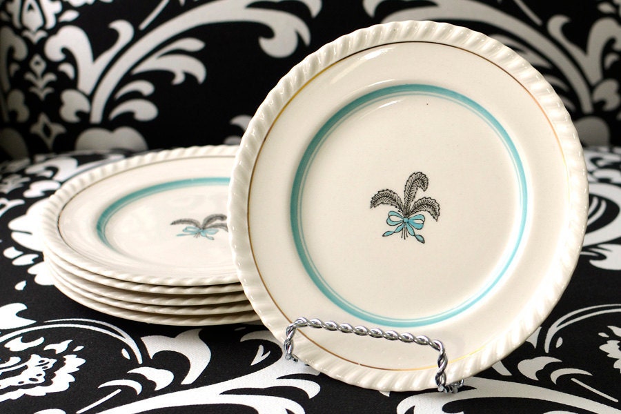 Old English Feather "Prince of Wales" Pattern Bread & Butter Plates by Johnson Brothers - Hand Painted, Blue Ribbon, Gold Trim - SET OF 6