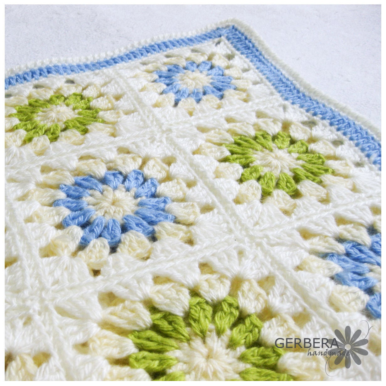 Crocheted baby afghan Blanket granny squares green blue and white Choose your color & size MADE TO ORDER