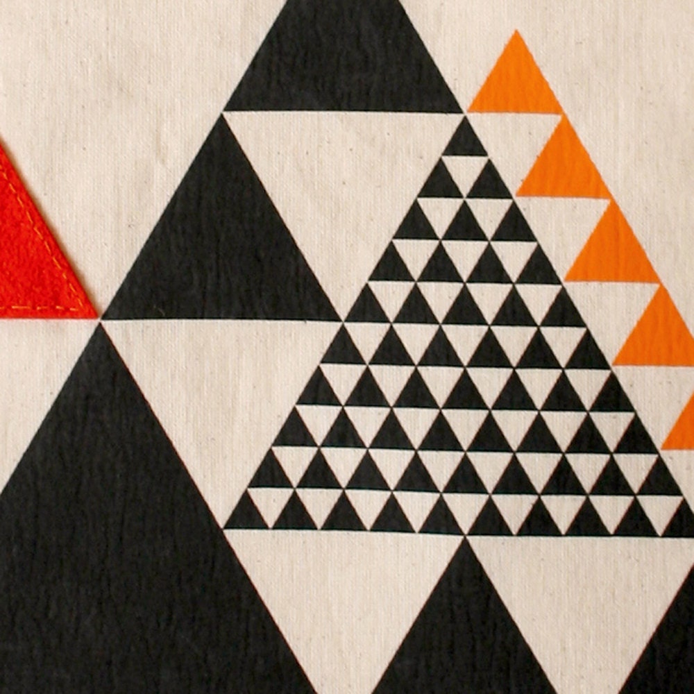 Form Follows the Rules of Geometry: Equilateral Triangles Composition with accents in orange // canvas tote, handmade, screenprint
