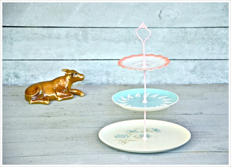 Candy Floss: Retro 3 Tier Cake Stand Vintage Cupcake Display Wedding Decorations Dessert Table Pink Aqua Gift Set
