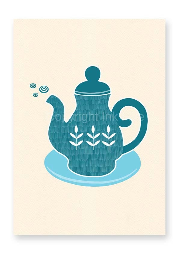 Kitchen art print Blue Tea. Modern wall decor. Mod nursery print. Housewares blue illustration. A4 image fits 8 x 10 inch frame opening.