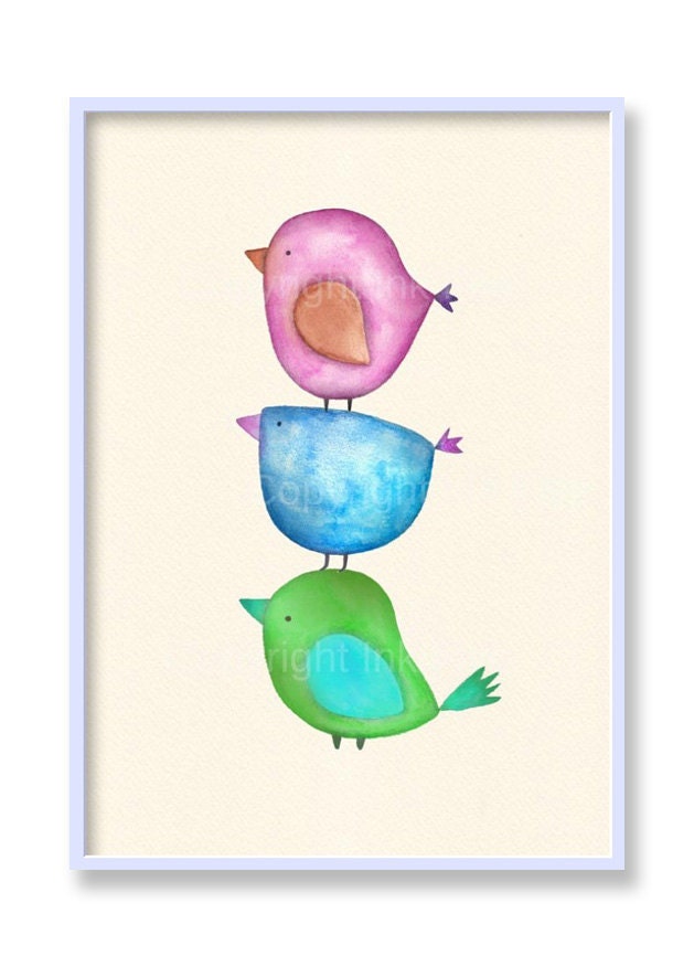 Nursery art print Watercolor Birds wall decor. Image fits 8x10 frame opening. Nursery art wall decor bird illustration.