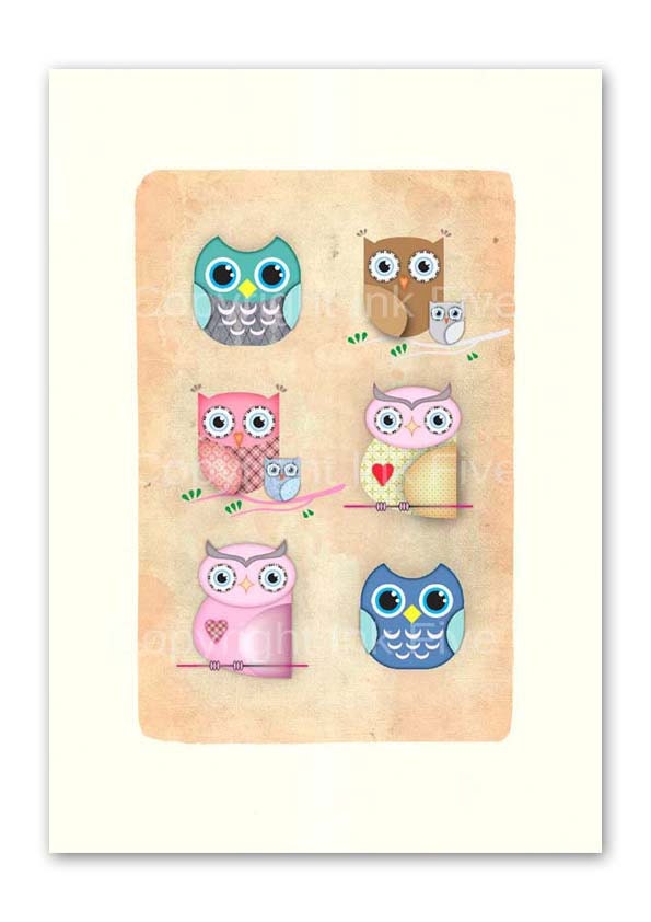 Owls nursery art print. Kids room wall art. Whimsical cute character for wall decor. Birds images for children. Fits 8x10 frame opening