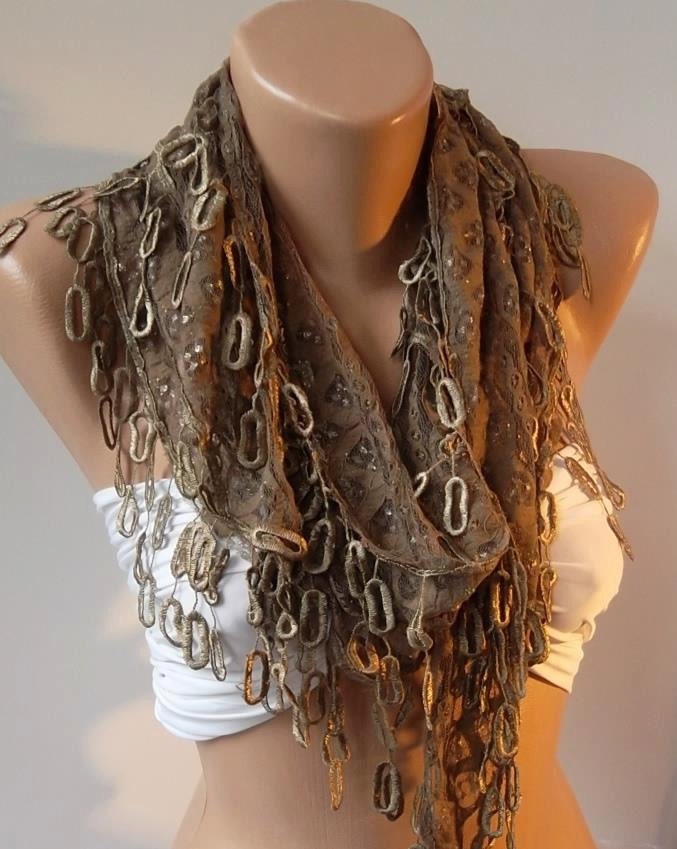 Brown lace and Elegance Shawl / Scarf - with Lace Edge