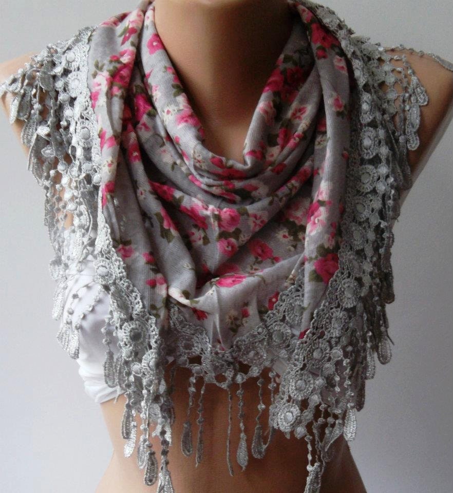Grey - flowered - Elegance  Shawl / Scarf with Lacy Edge