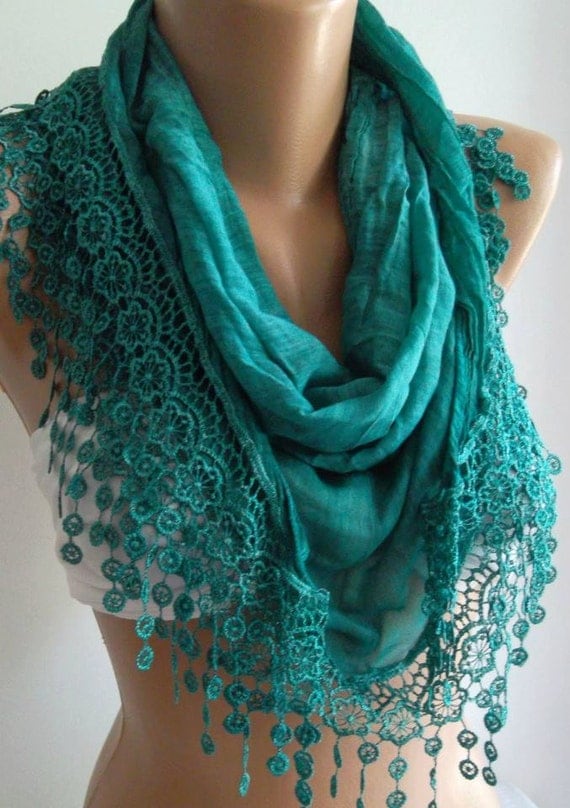 Turquoise - Elegance  Shawl / Scarf with Lacy Edge------soft and light