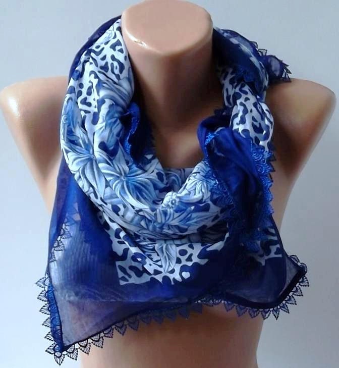 Turkish Shawl - Anatolians Scarf - with Lace- Yemeni - Royal Blue Shawl with Oya