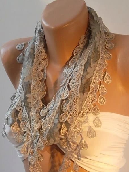 Elegance Grey Shawl - Scarf with Lacy Edge,,,.