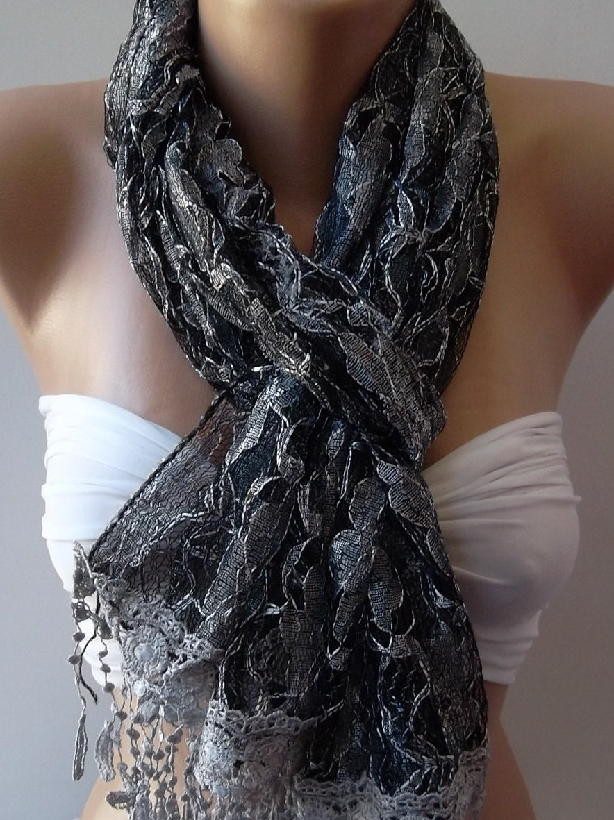 Grey - Elegance Shawl / Scarf with Lacy Edge