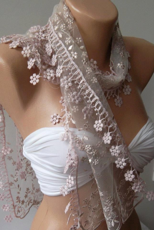 Light Pink - Elegance Shawl / Scarf with Lacy Edge