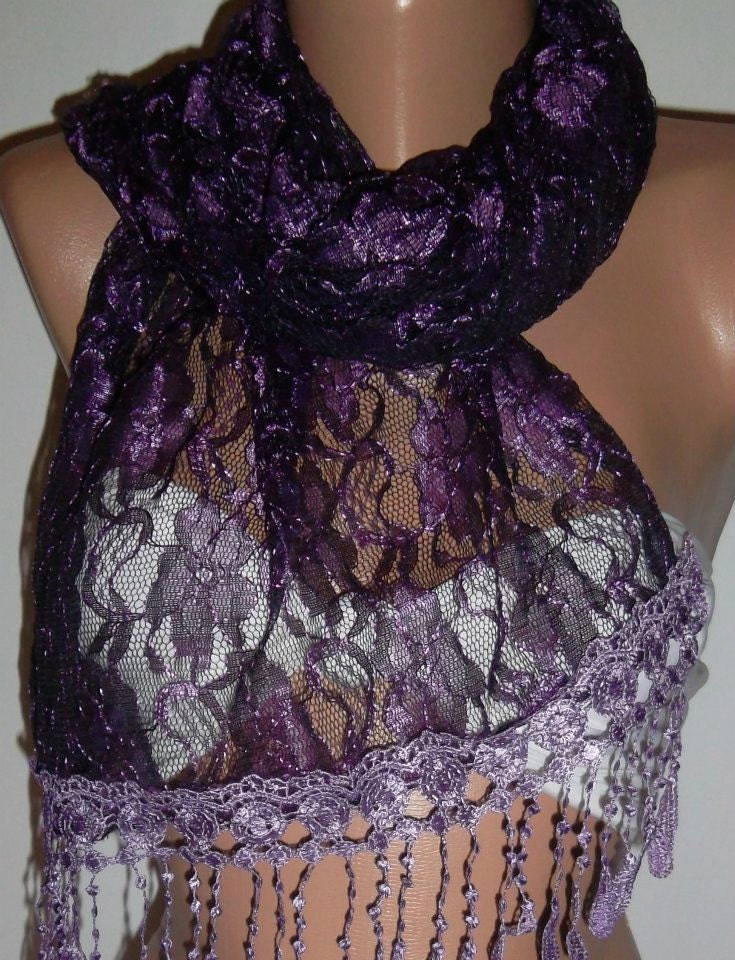 Purple - Elegance Shawl / Scarf with Lacy Edge