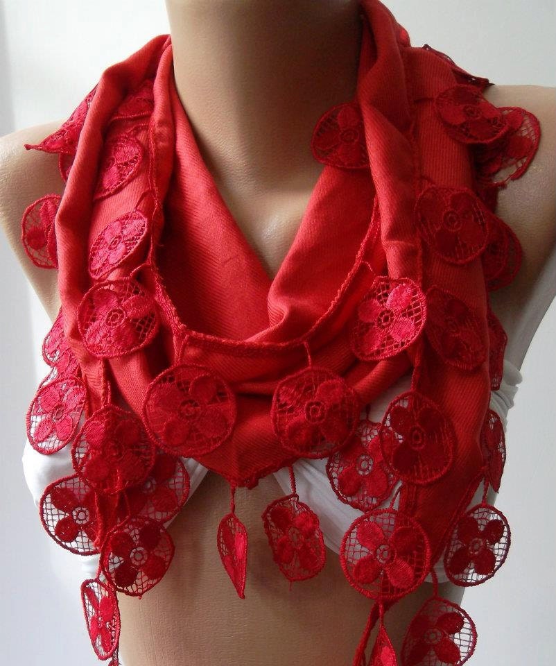 Red - Pashmina and Elegance Shawl / Scarf with Lace Edge