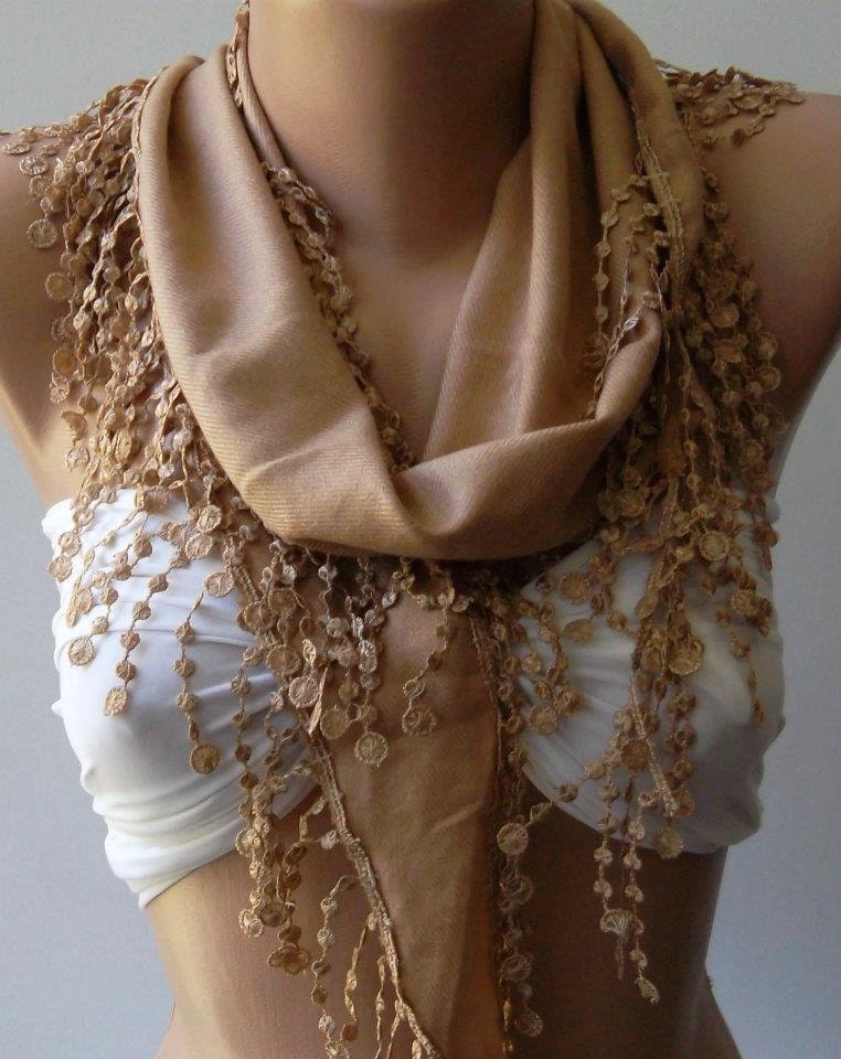 Caramel -- Pashmina and Elegance Shawl / Scarf with Lace Edge..