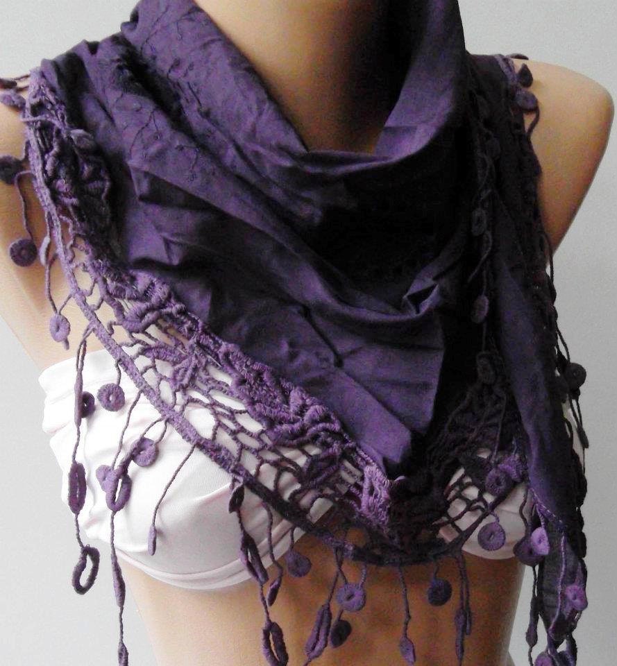 Purple - Elegance Shawl / Scarf with Lace Edge