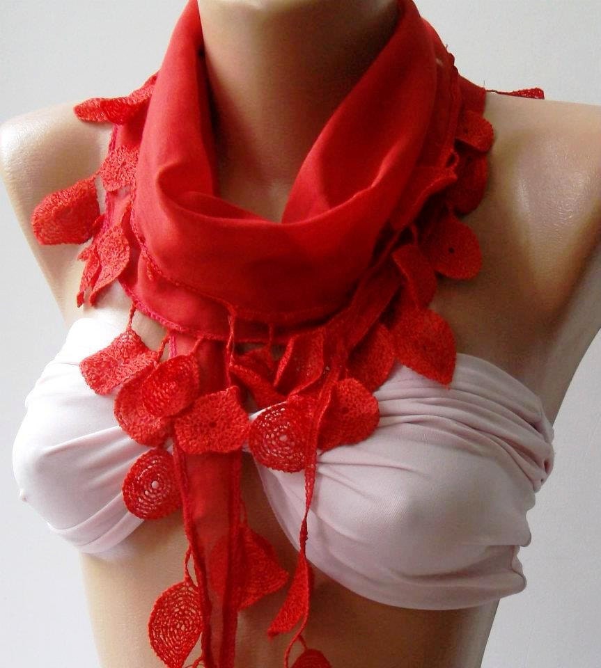 Red - Elegance Shawl / Scarf with Lacy Edge
