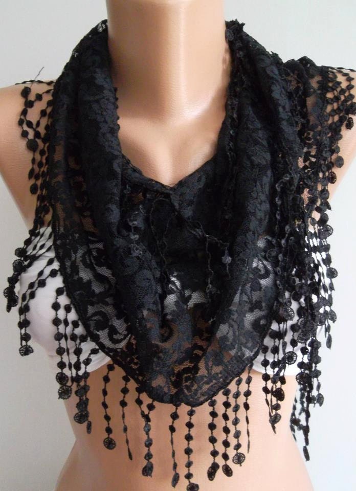 Black - lace and Elegance Shawl / Scarf - with Lace Edge