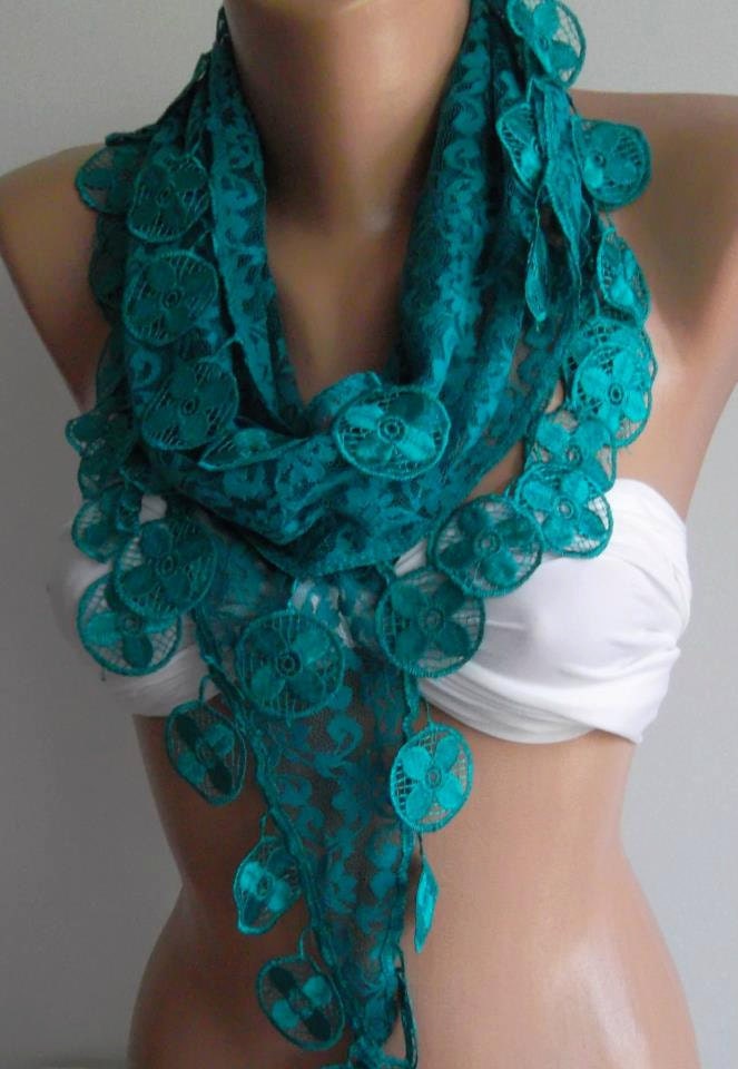 Turquoise / Elegance  Shawl / Scarf with Lacy Edge-