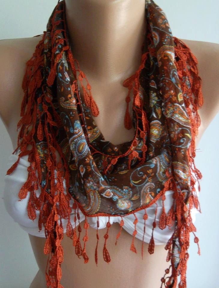 Brick Color - Elegance Shawl with Lacy Edge