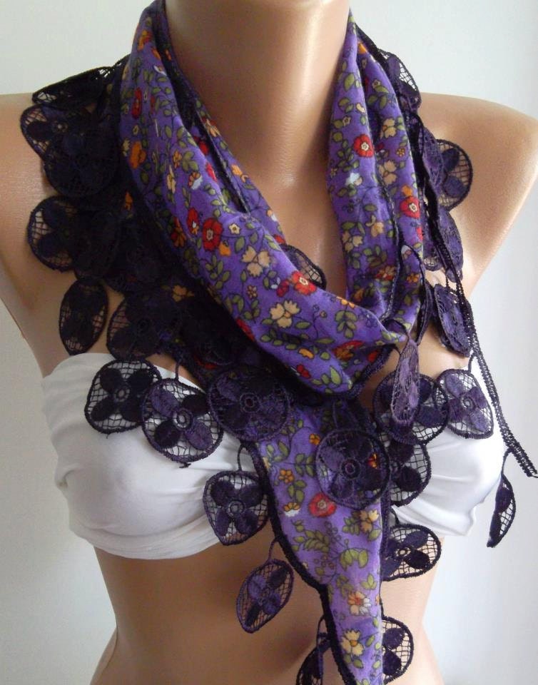 Purple - Elegance Shawl with Lacy Edge