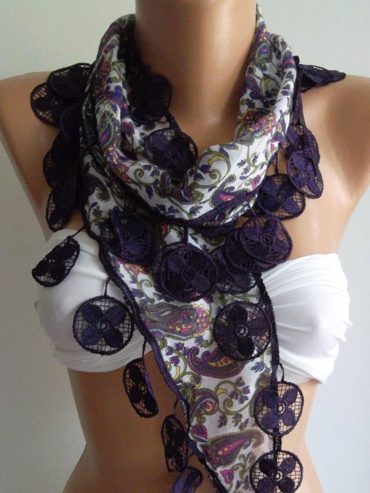 Purple - Elegance Shawl with Lacy Edge