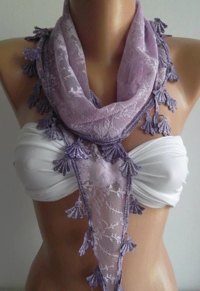 ON SALE  Lilac Scarf  with Lacy Edge