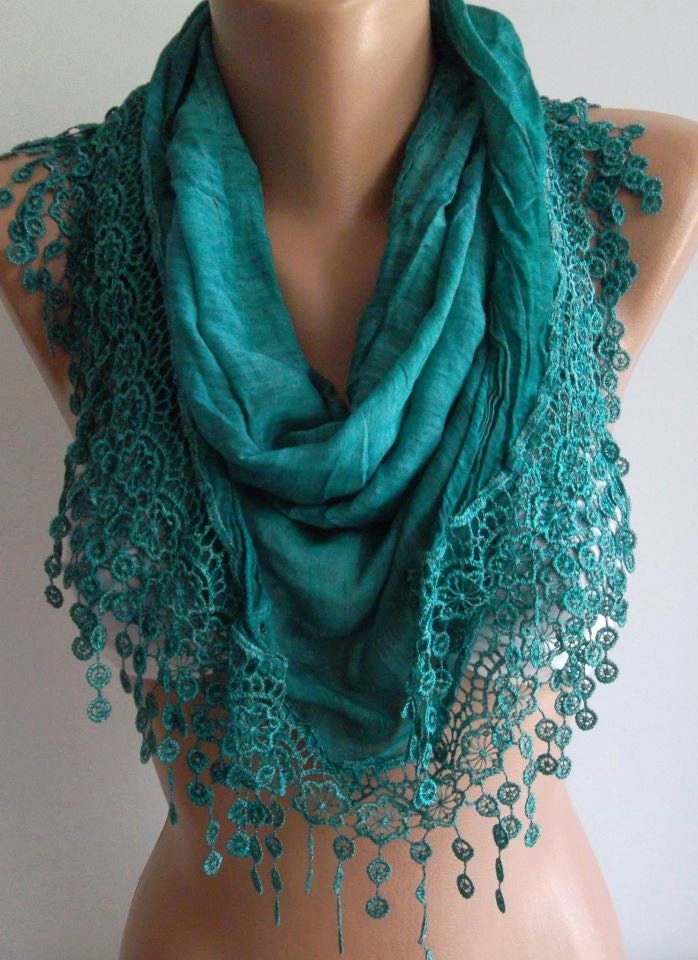 Turquoise - Elegance  Shawl / Scarf with Lacy Edge------soft and light