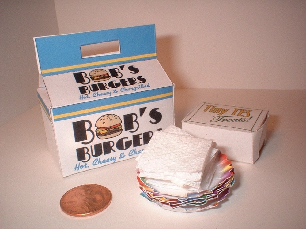 Polymer Clay mini Cheeseburgers and Cupcakes set with napkins and paper plates - Play or Hitty Scale "Party In A Box" -by TES-