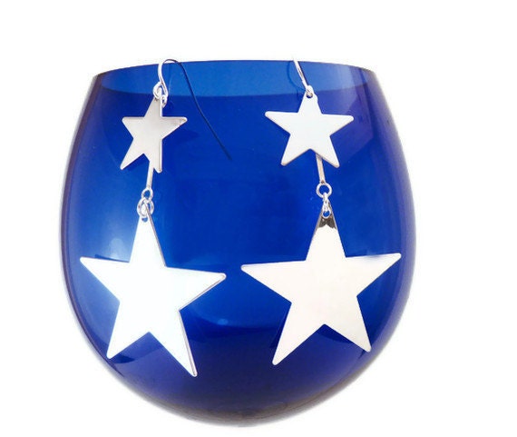 Star Earrings - Silver Star Earrings - Big Star Little Star - Silver Reflective Dangle Earrings