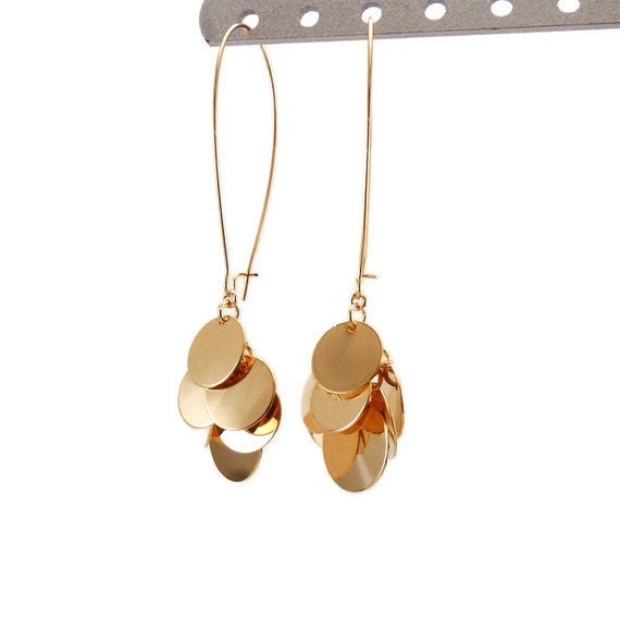 Disc Earrings - Dangle Earrings - Gold Disc Earrings with 22k Gold Plated Long Kidney Wire - Customizable