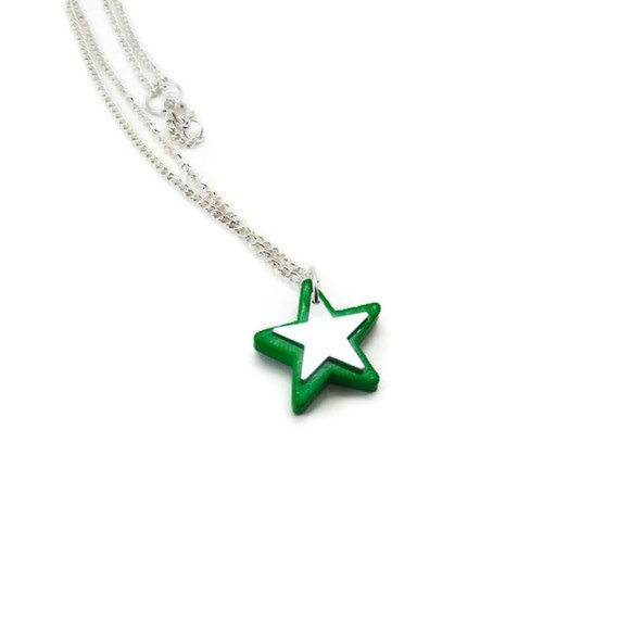 Wood Necklace - Neon Green Necklace - Star Necklace - Hand Painted