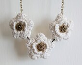 Crocheted Flower Necklace with Gold Buttons Handmade Using Cream Cotton